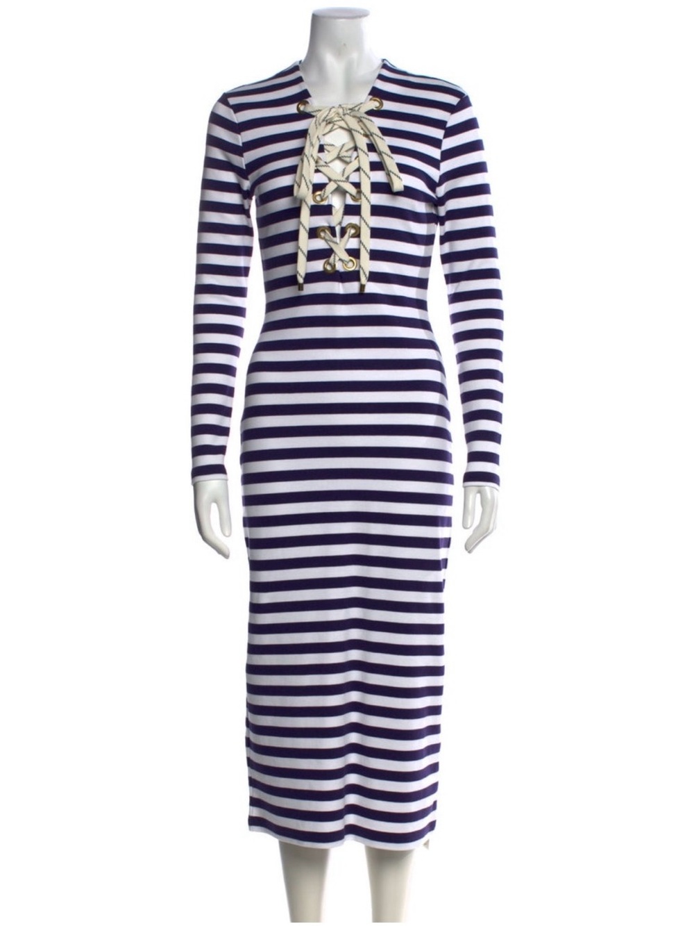 House of Holland Navy and White Striped Lace-Up Long Sleeve Dress